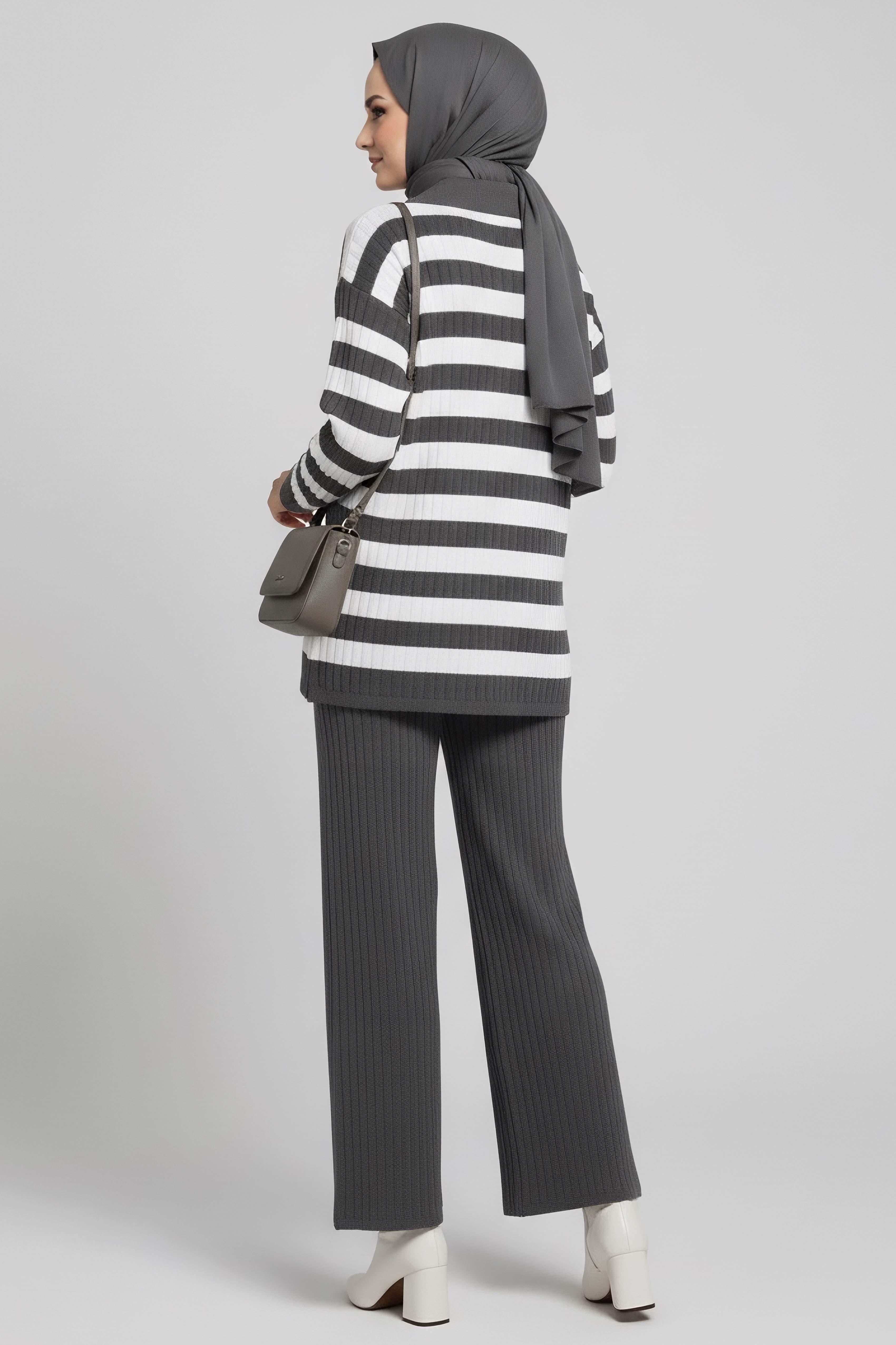 Çizgili Triko İkili Takım - 27999-FUME - 3