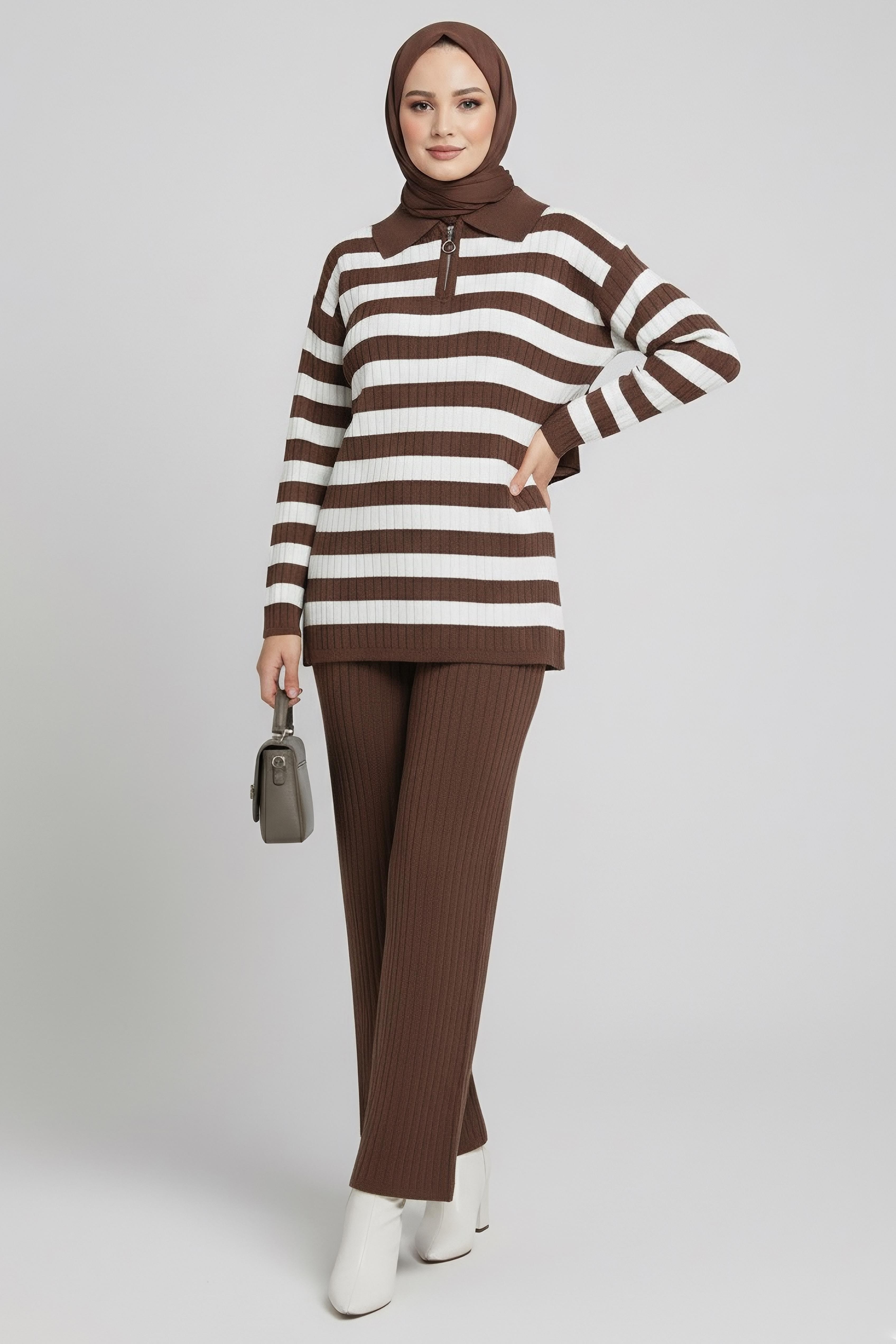 Çizgili Triko İkili Takım - 27999-KAHVE - 2