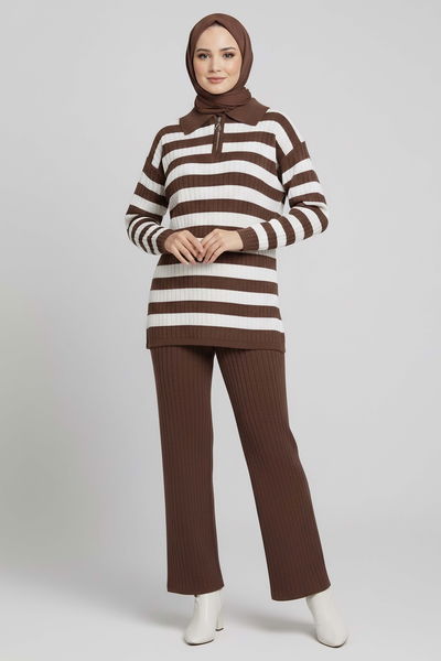 Çizgili Triko İkili Takım - 27999-KAHVE 