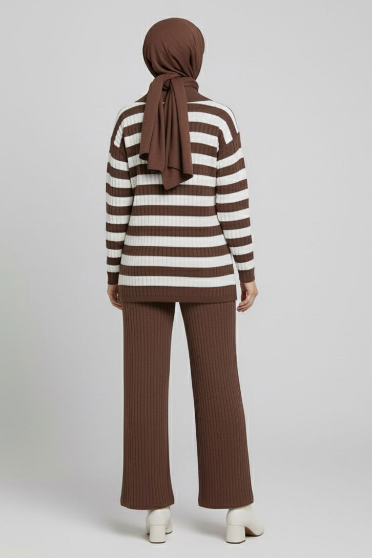 Çizgili Triko İkili Takım - 27999-KAHVE - TOFİSA