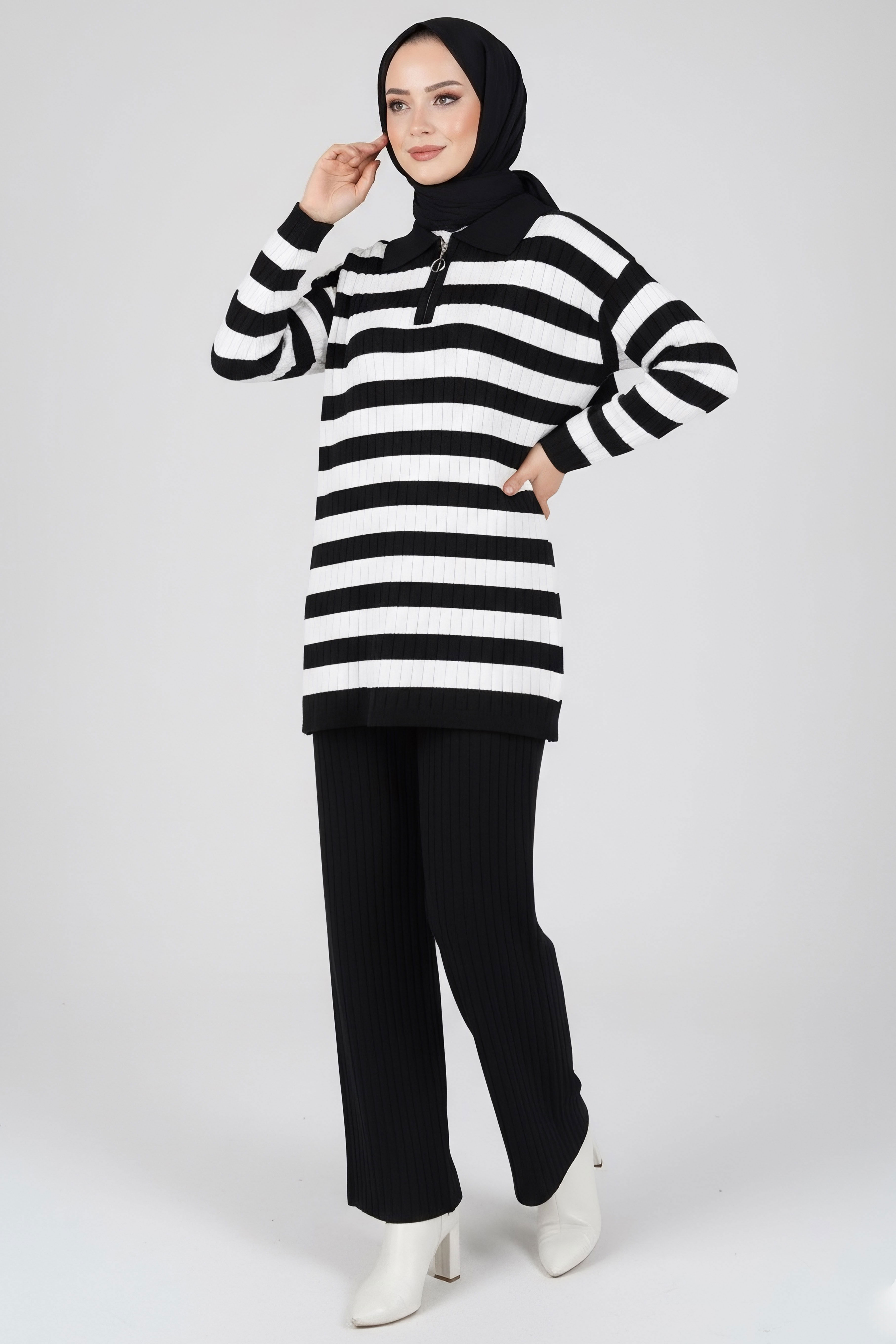 Çizgili Triko İkili Takım - 27999-SIYAH - 1
