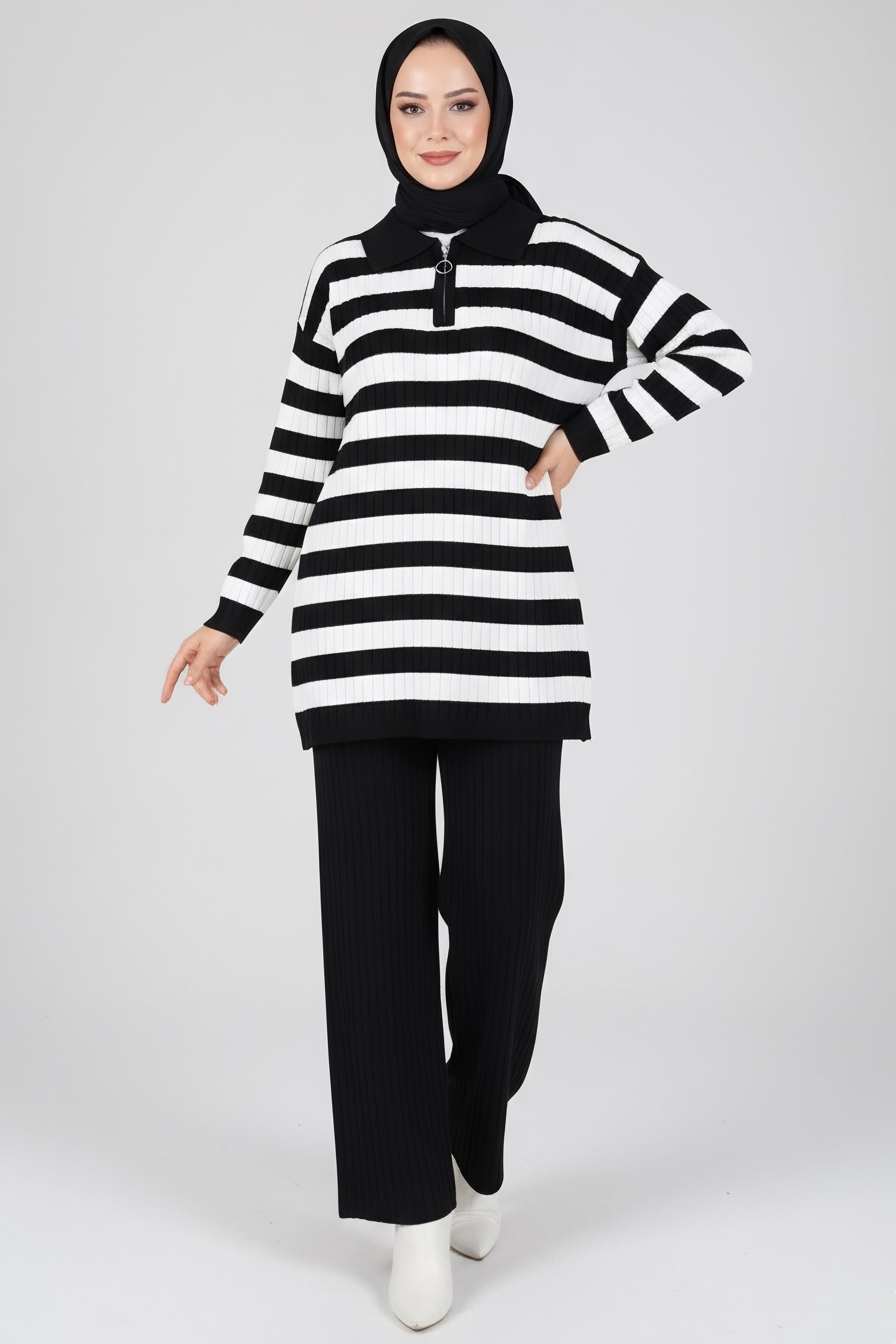 Çizgili Triko İkili Takım - 27999-SIYAH - 2