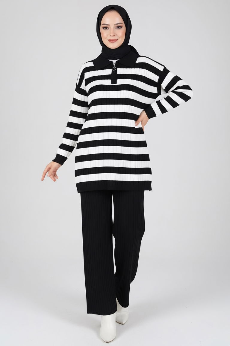 Çizgili Triko İkili Takım - 27999-SIYAH - TOFİSA