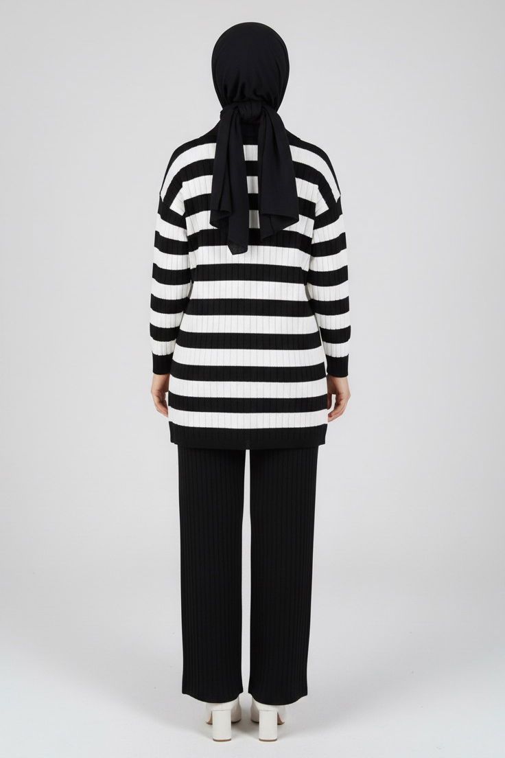 Çizgili Triko İkili Takım - 27999-SIYAH - TOFİSA