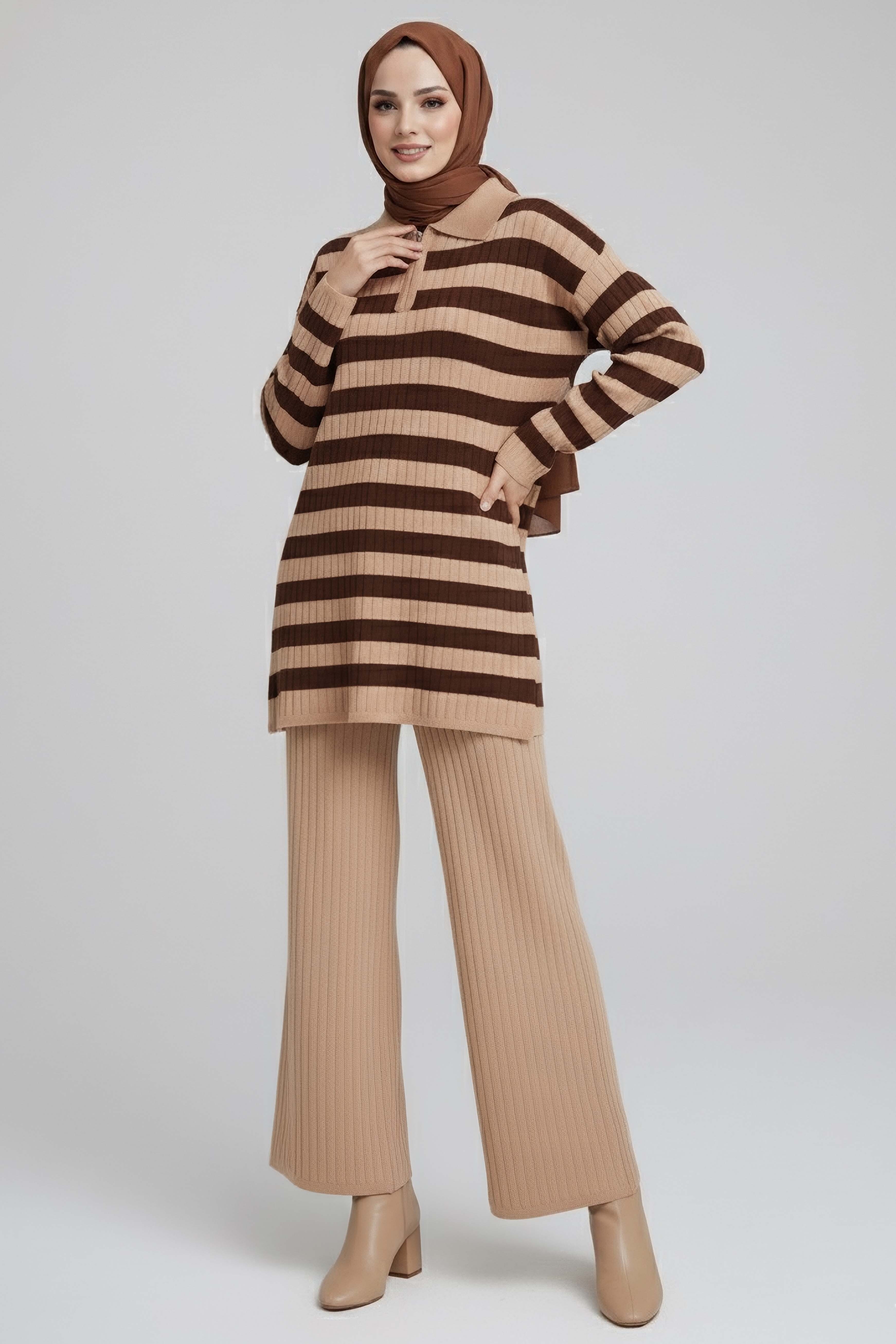 Çizgili Triko İkili Takım - 27999-VIZON - 1