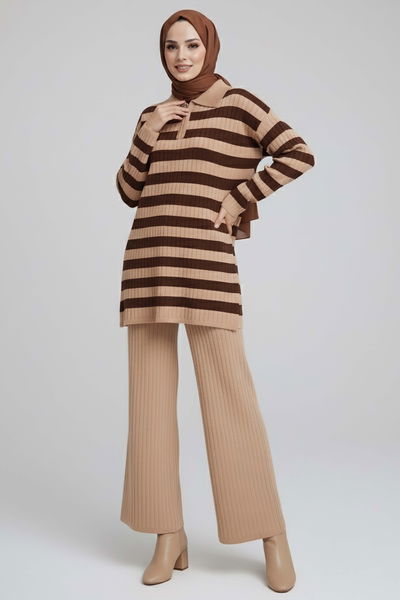 Çizgili Triko İkili Takım - 27999-VIZON 