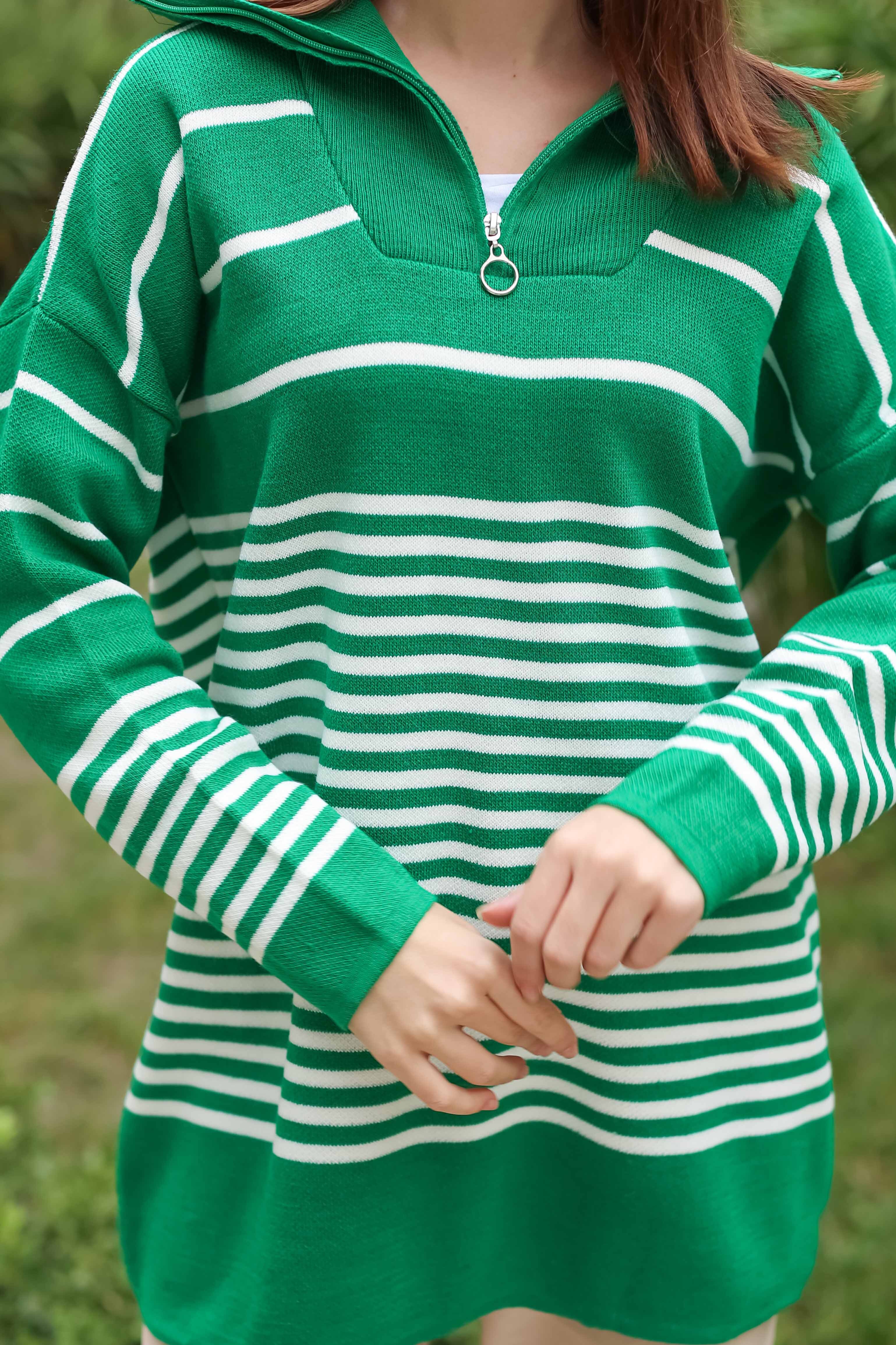 Çizgili Triko Kazak - 27749-YESIL - 4