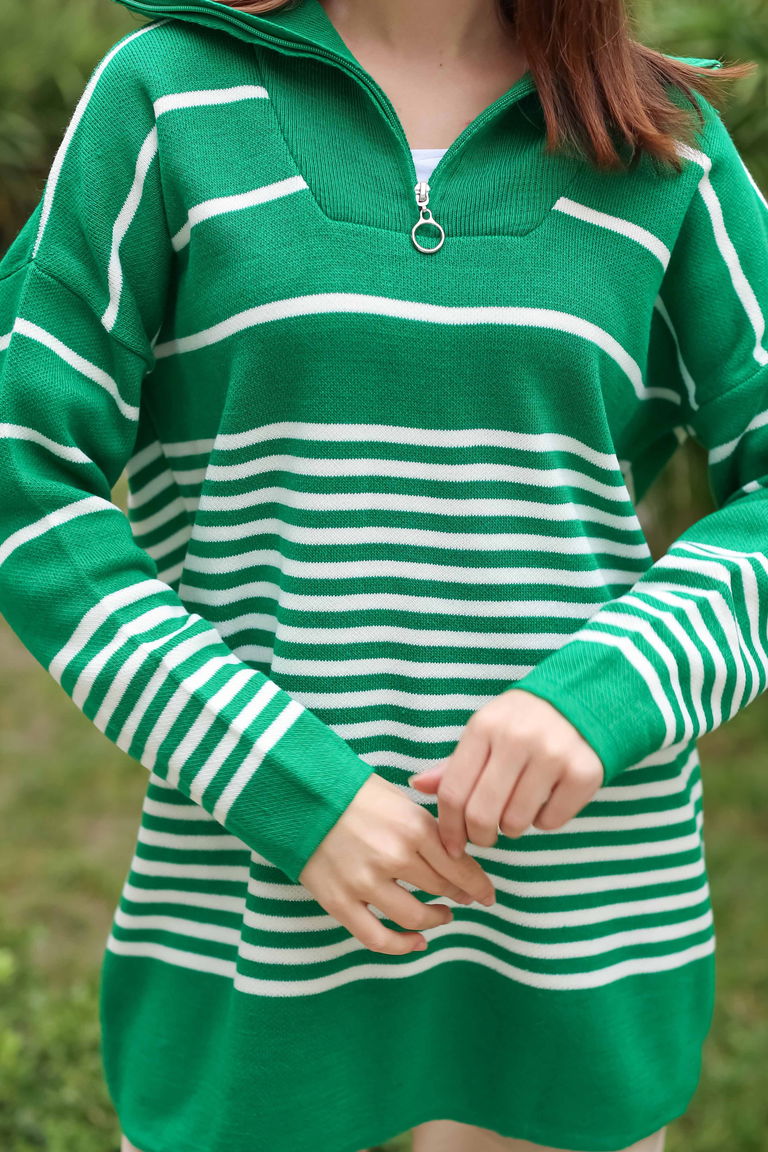 Çizgili Triko Kazak - 27749-YESIL - TOFİSA