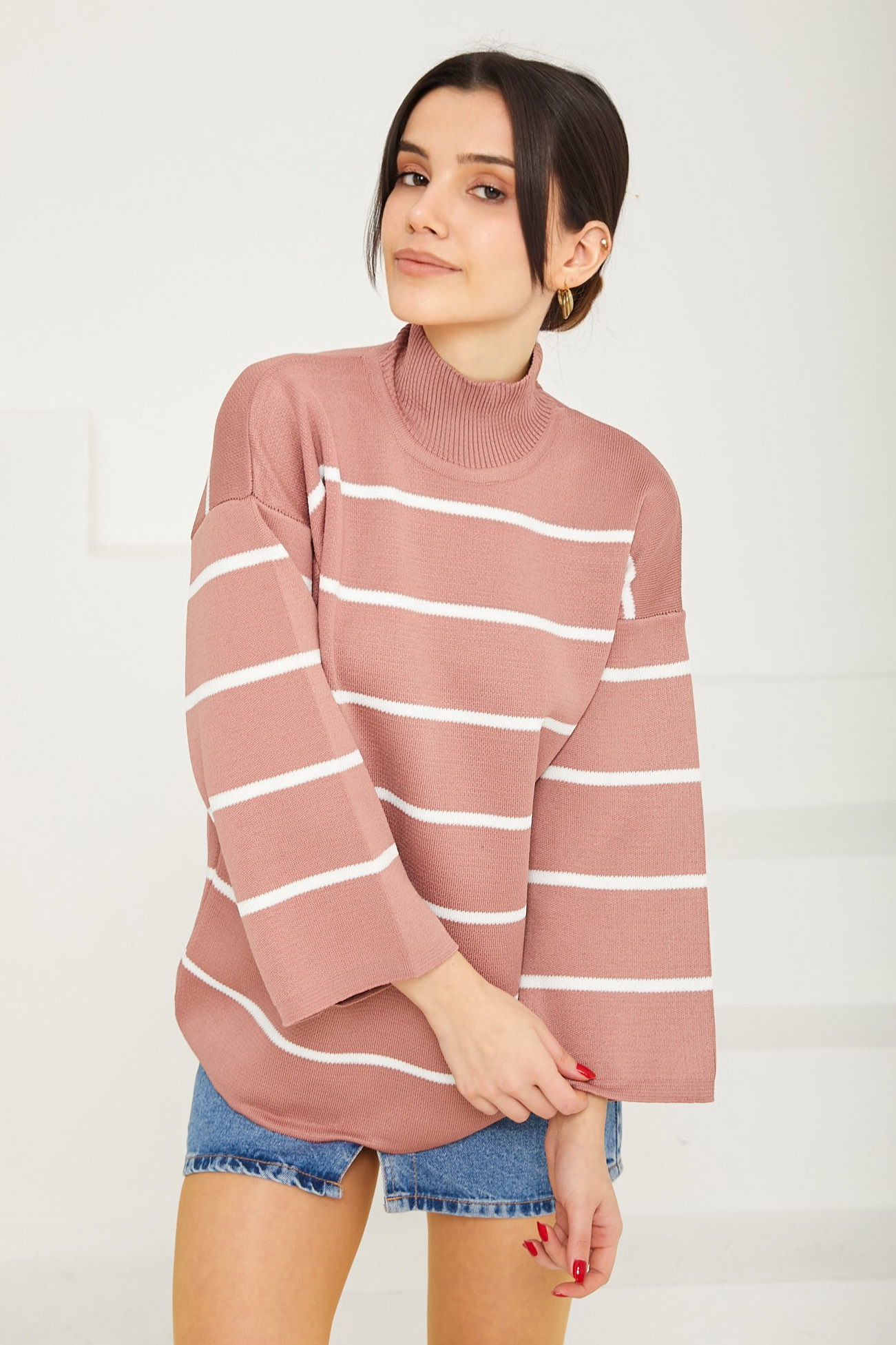 Çizgili Triko Kazak - 27751-GUL - 1