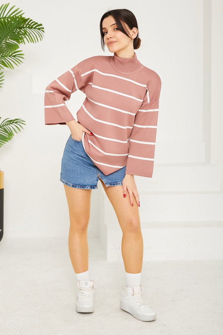 Çizgili Triko Kazak - 27751-GUL - TOFİSA