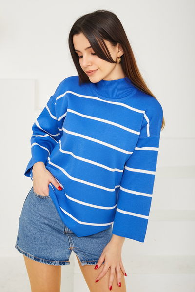 Çizgili Triko Kazak - 27751-SAKS 