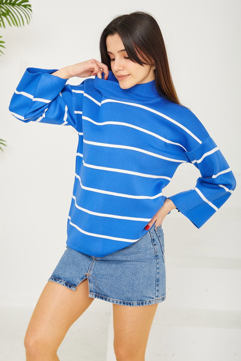 Çizgili Triko Kazak - 27751-SAKS - TOFİSA