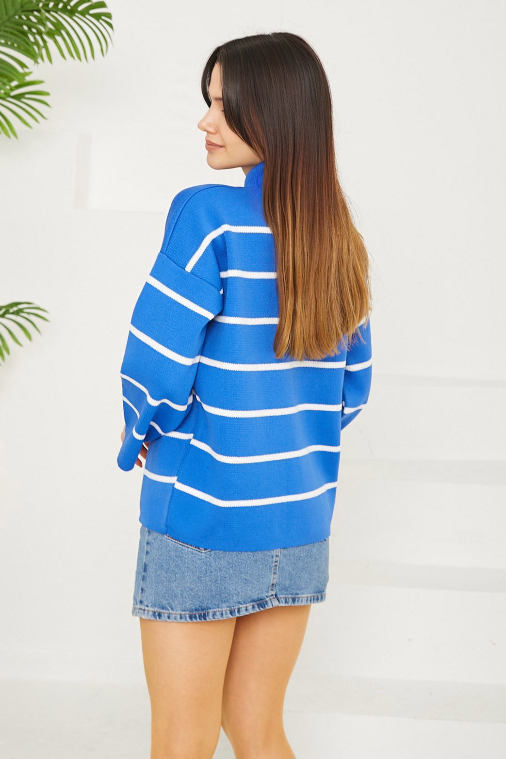 Çizgili Triko Kazak - 27751-SAKS - 4