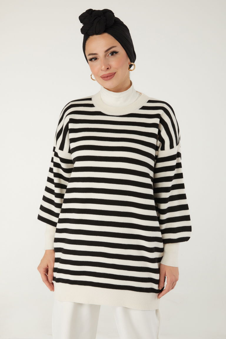 Çizgili Triko Kazak - 27753-EKRU - TOFİSA