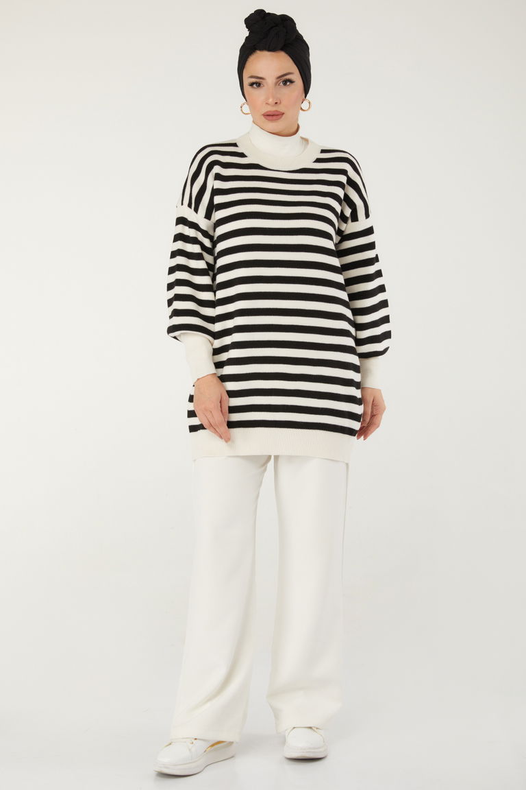 Çizgili Triko Kazak - 27753-EKRU - TOFİSA