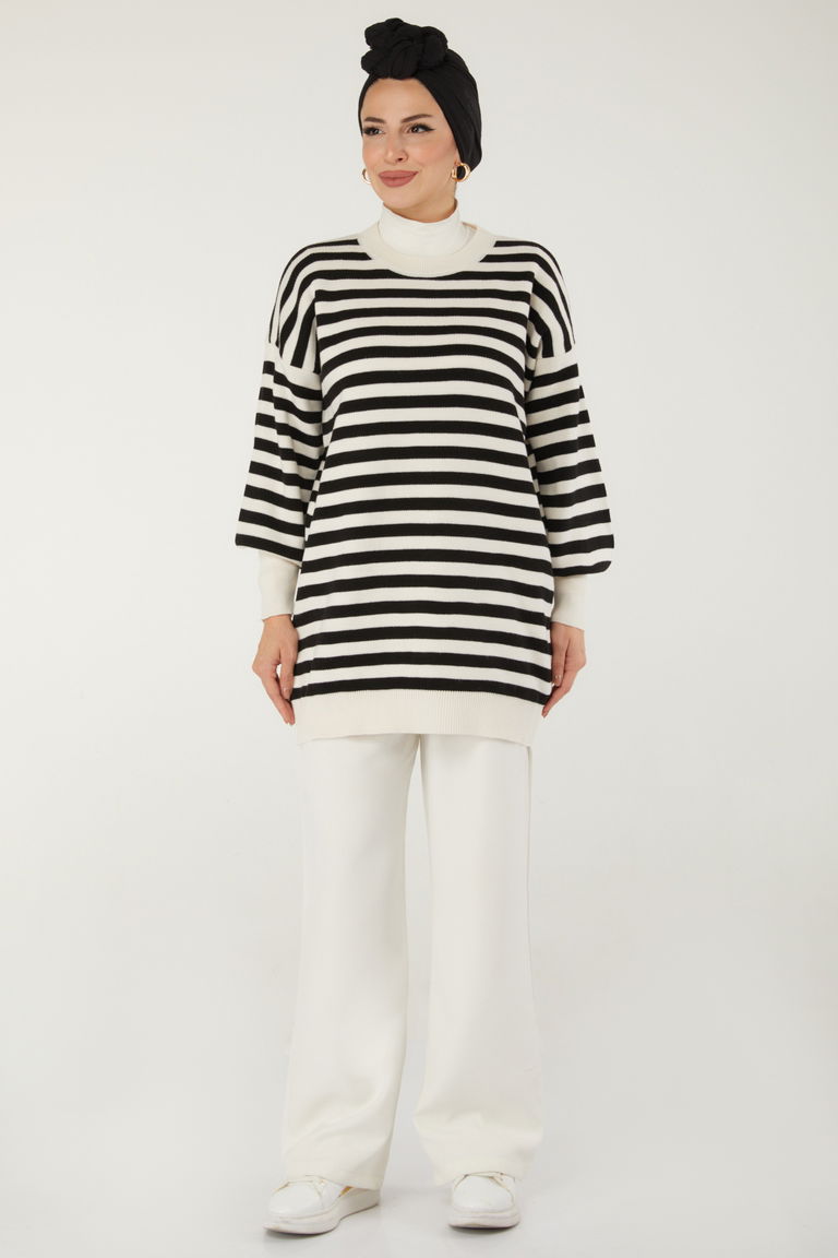 Çizgili Triko Kazak - 27753-EKRU - TOFİSA