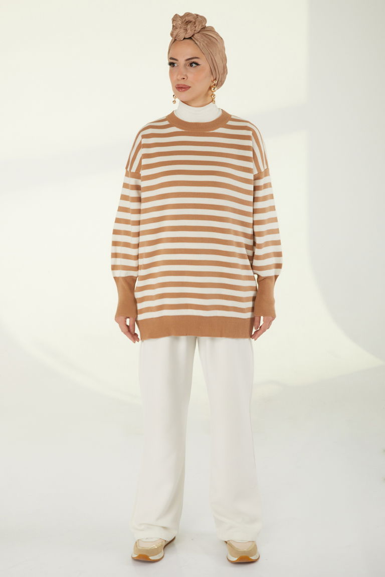 Çizgili Triko Kazak - 27753-VIZON - TOFİSA