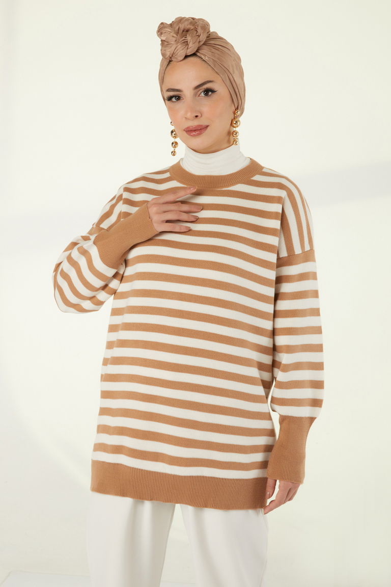 Çizgili Triko Kazak - 27753-VIZON - TOFİSA