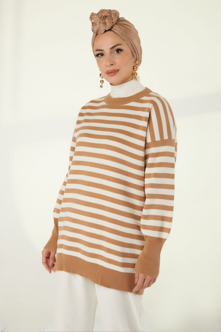 Çizgili Triko Kazak - 27753-VIZON - TOFİSA