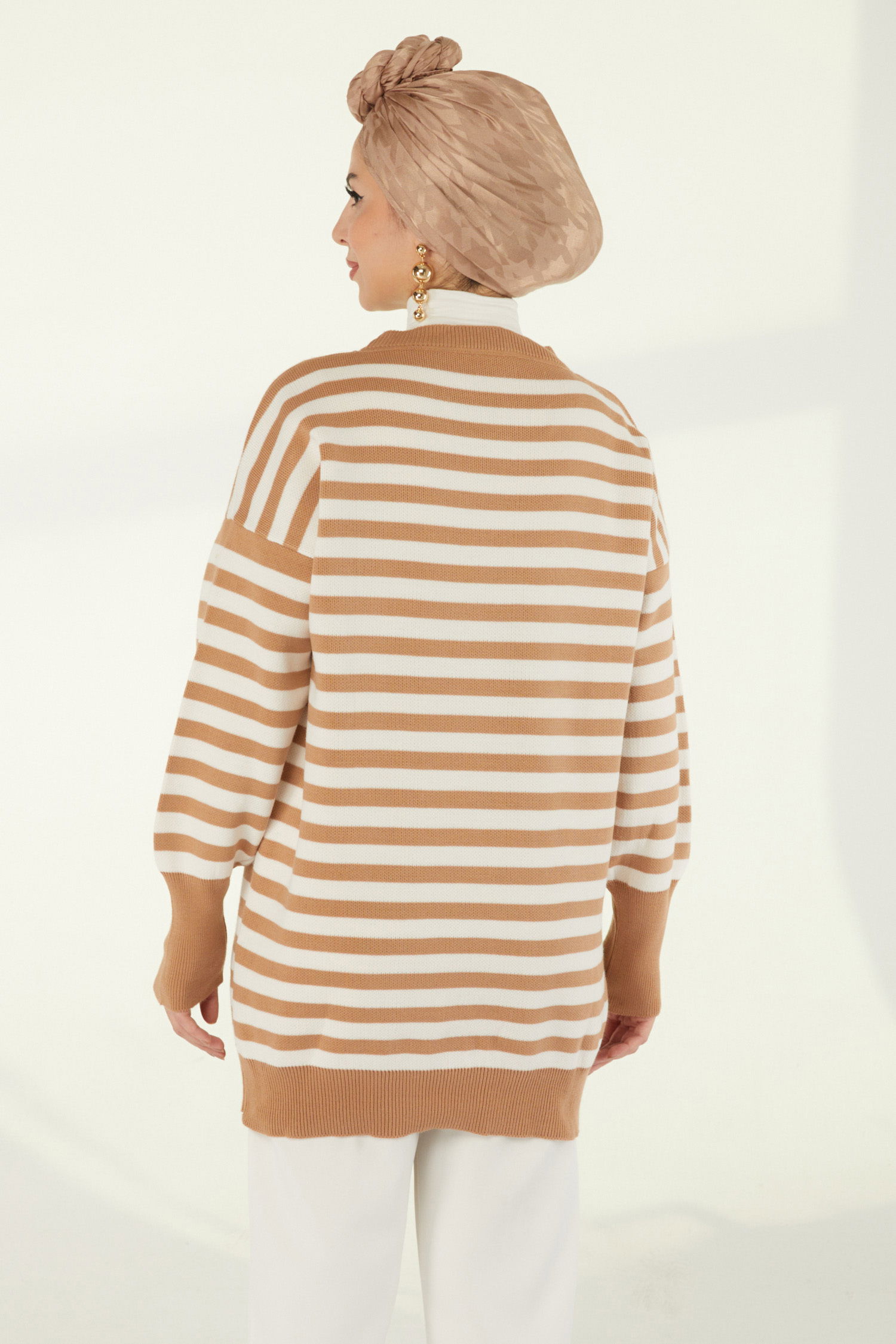 Çizgili Triko Kazak - 27753-VIZON - 5