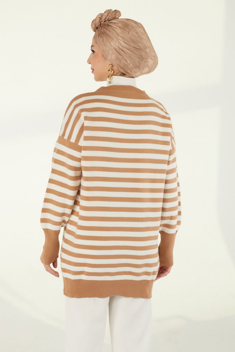 Çizgili Triko Kazak - 27753-VIZON - TOFİSA