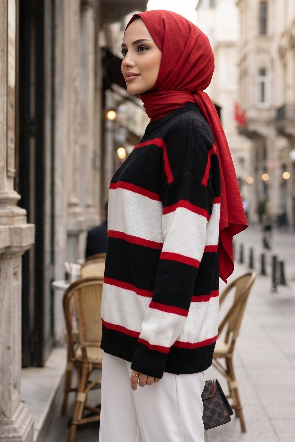 Çizgili Triko Kazak Ekru - 29286-EKRU - 2