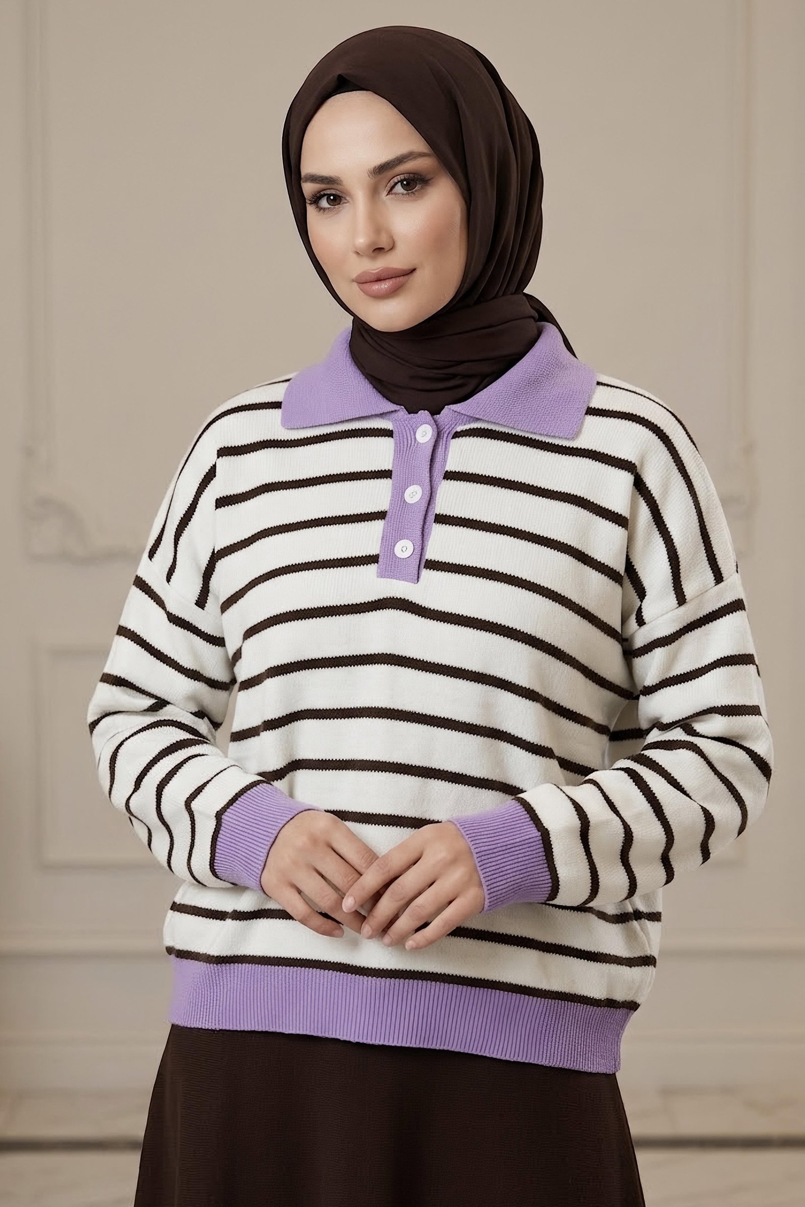 Çizgili Triko Kazak Lila - 29114-LILA - 1