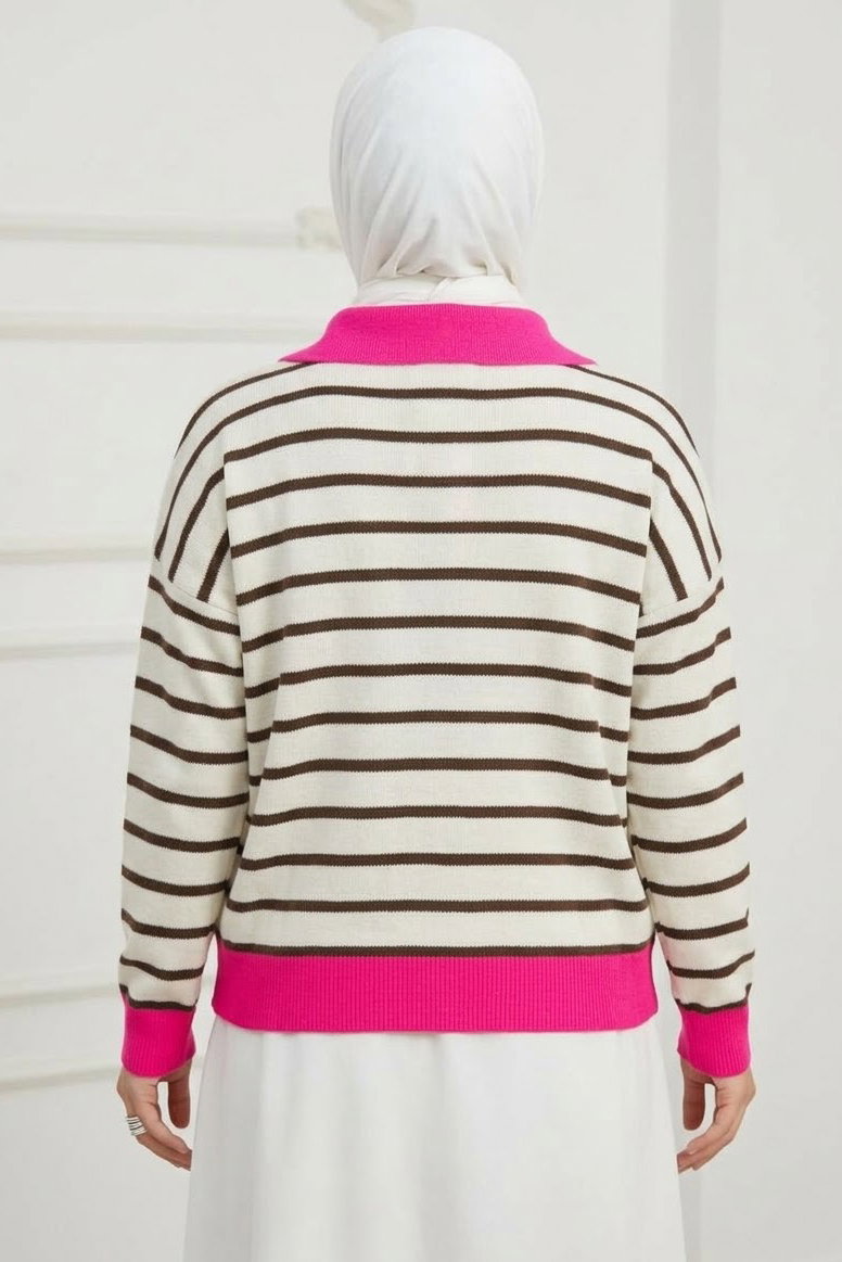 Çizgili Triko Kazak Pembe - 29114-PEMBE - 3