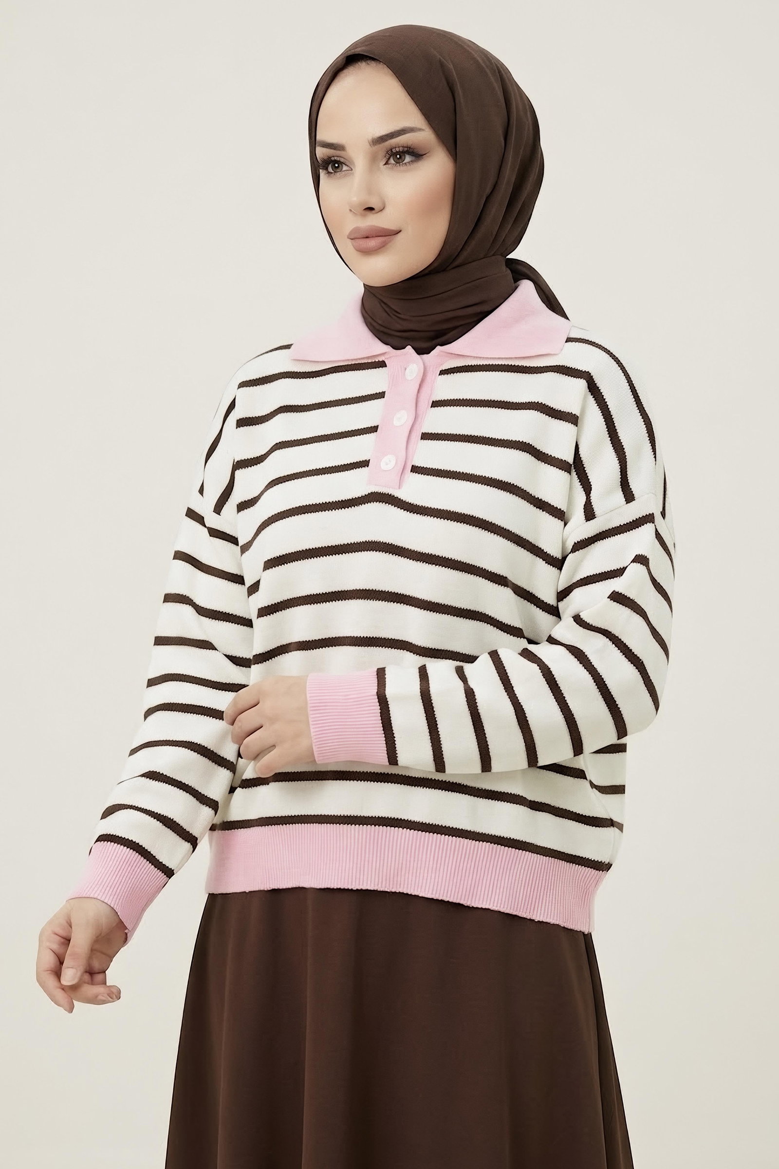 Çizgili Triko Kazak şekerpembe - 29114-SEKERPEMBE - 2