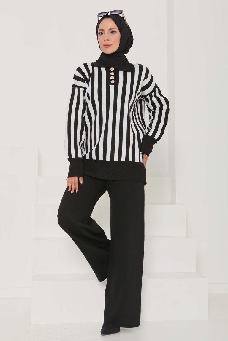 Çizgili Triko Takım - 27725-SIYAH - TOFİSA