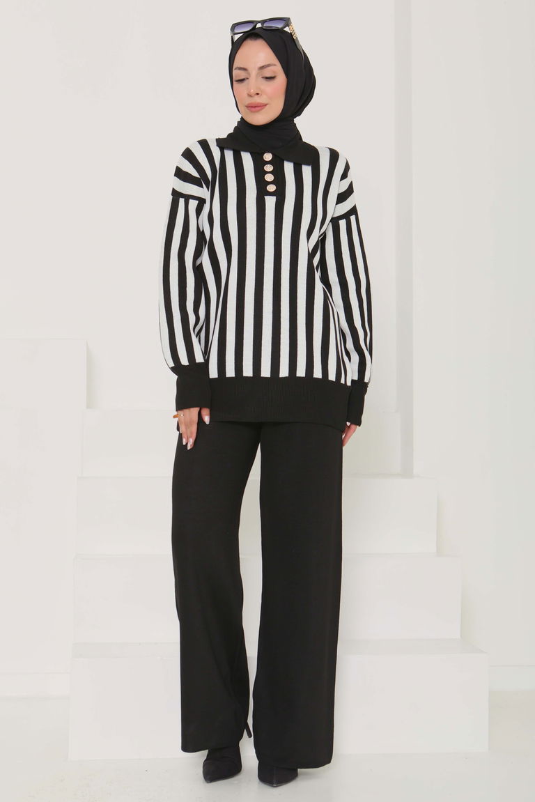 Çizgili Triko Takım - 27725-SIYAH - TOFİSA
