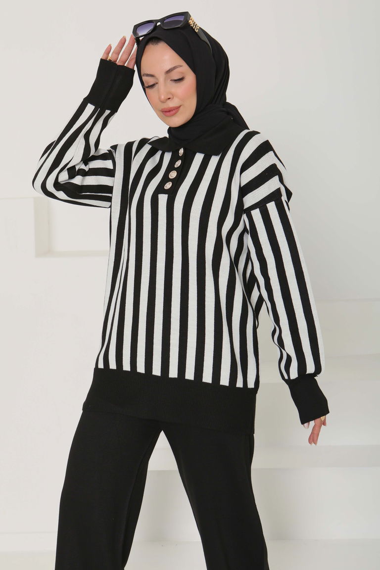 Çizgili Triko Takım - 27725-SIYAH - TOFİSA