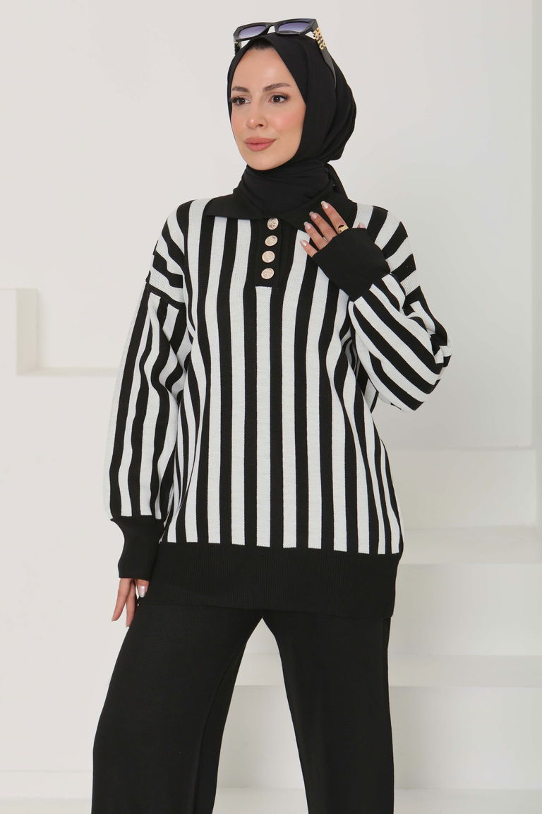 Çizgili Triko Takım - 27725-SIYAH - TOFİSA