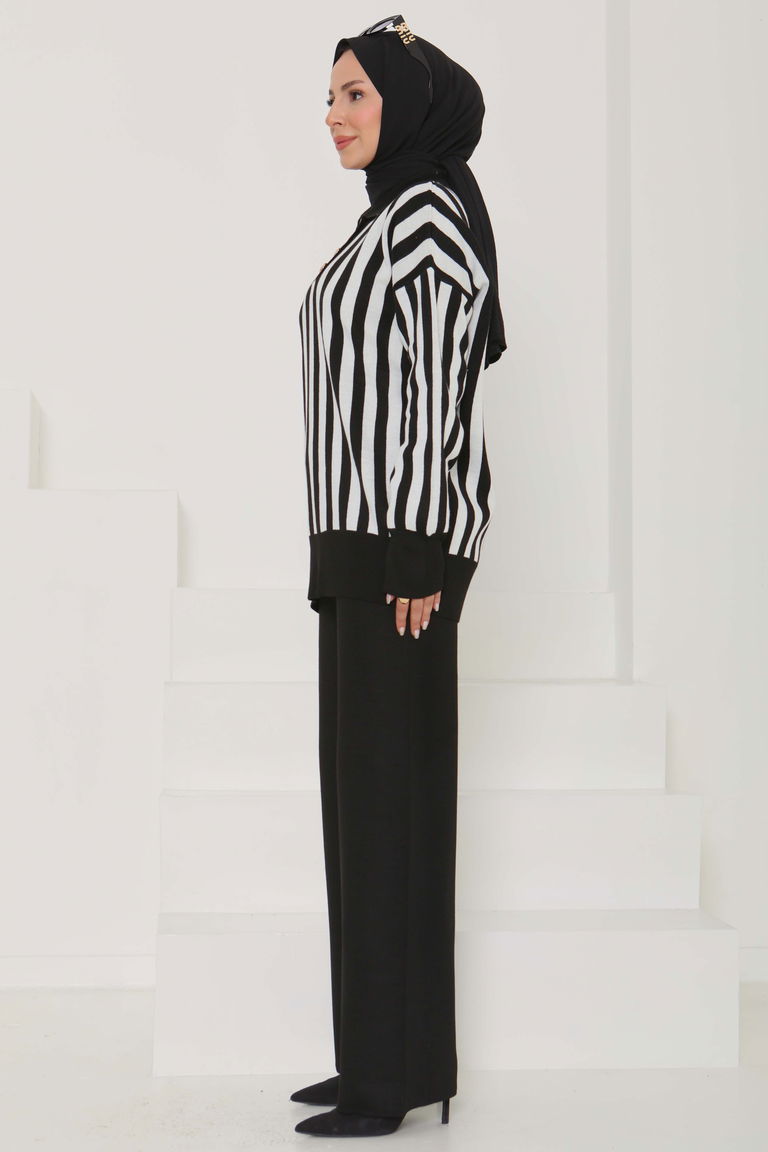 Çizgili Triko Takım - 27725-SIYAH - TOFİSA