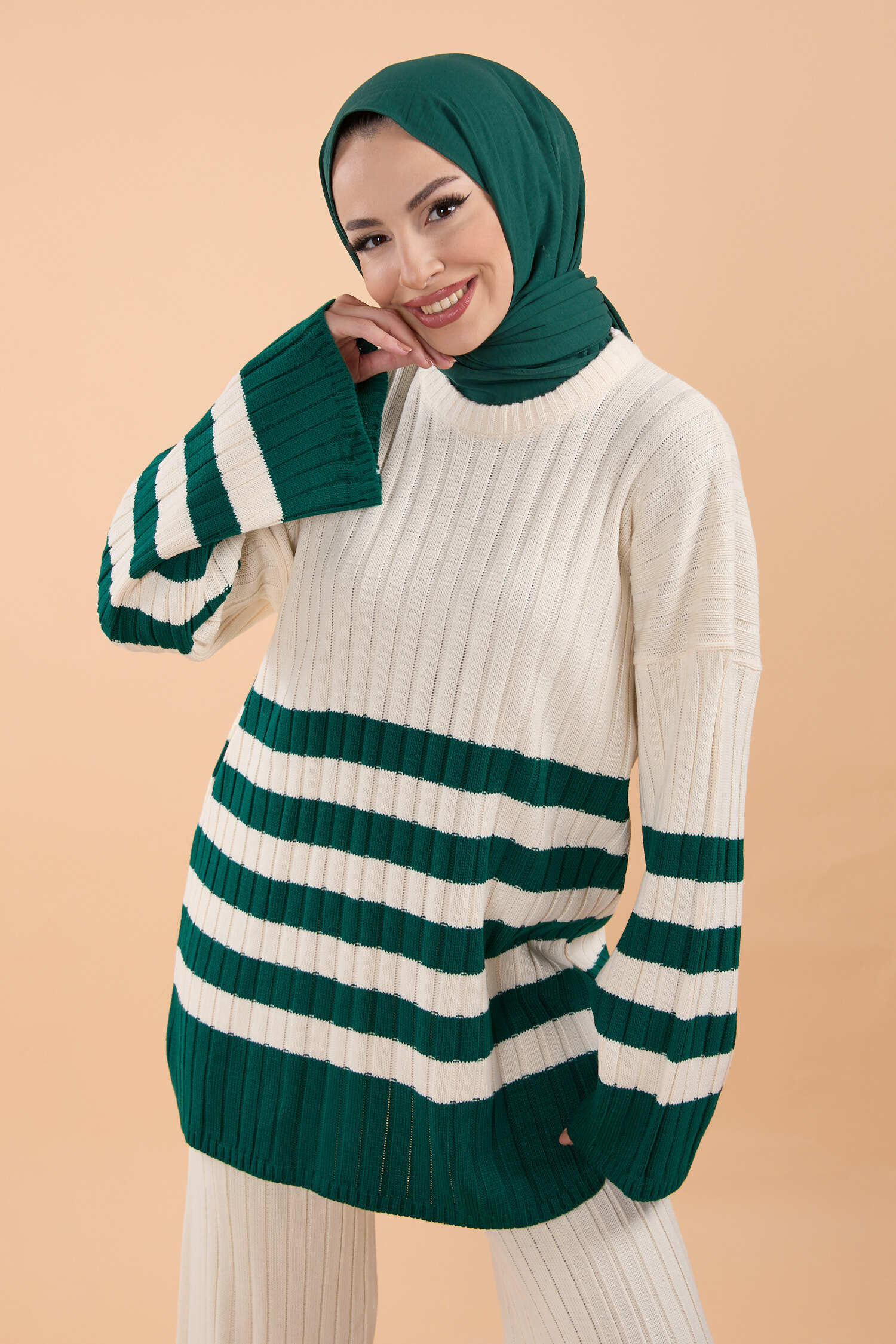Çizgili Triko Takım - 27728-KREM-ZUMRUT - 2