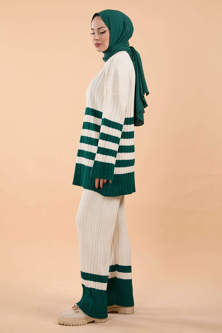 Çizgili Triko Takım - 27728-KREM-ZUMRUT - TOFİSA