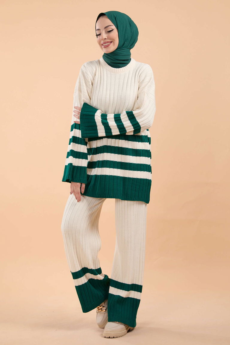 Çizgili Triko Takım - 27728-KREM-ZUMRUT - TOFİSA