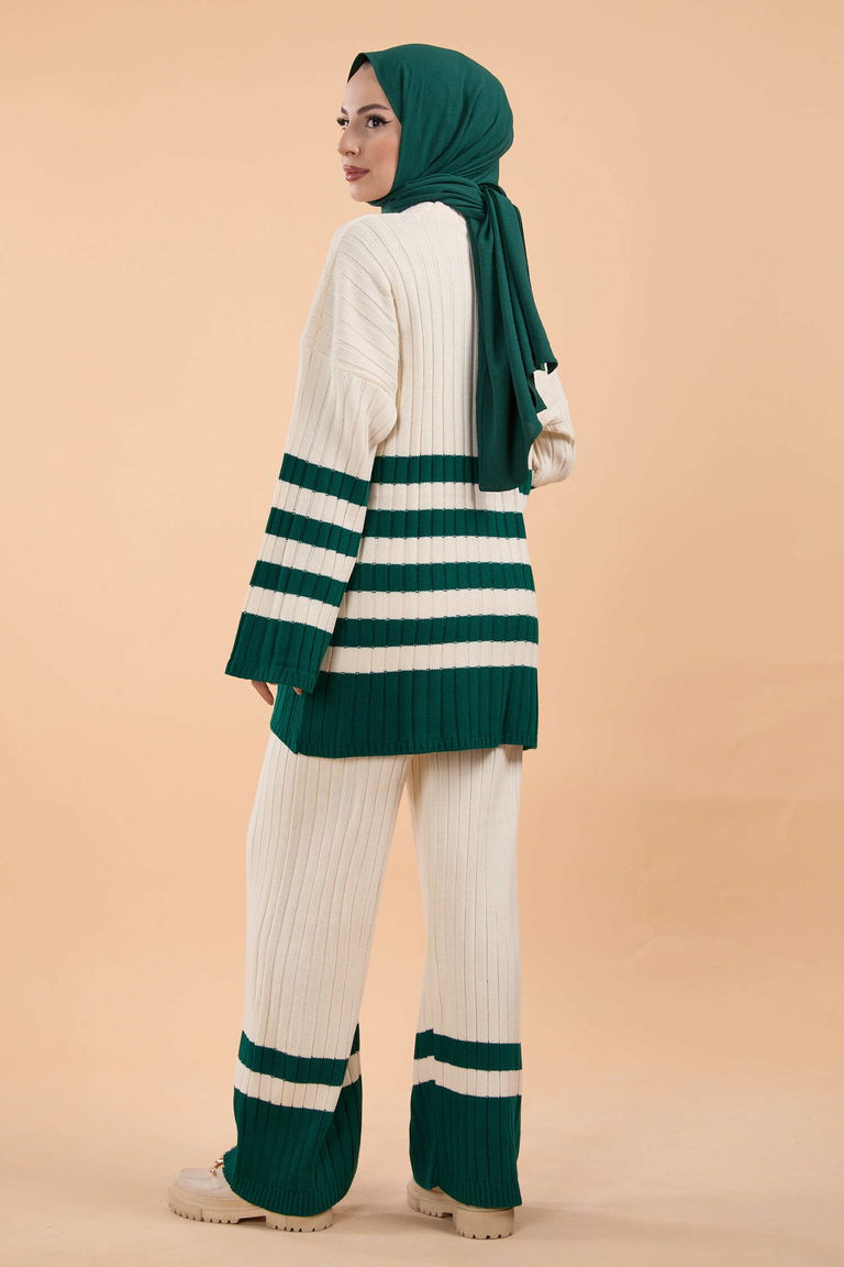 Çizgili Triko Takım - 27728-KREM-ZUMRUT - TOFİSA