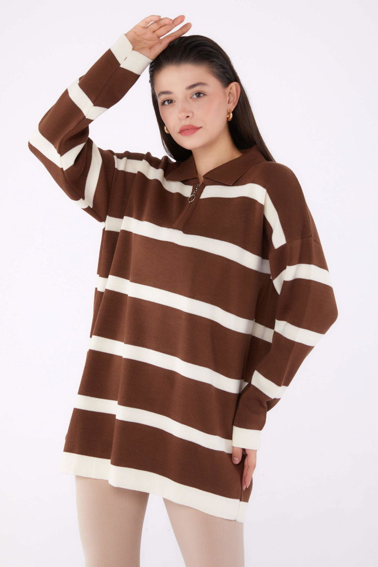 Çizgili Triko Tunik - 27741-KAHVE - TOFİSA