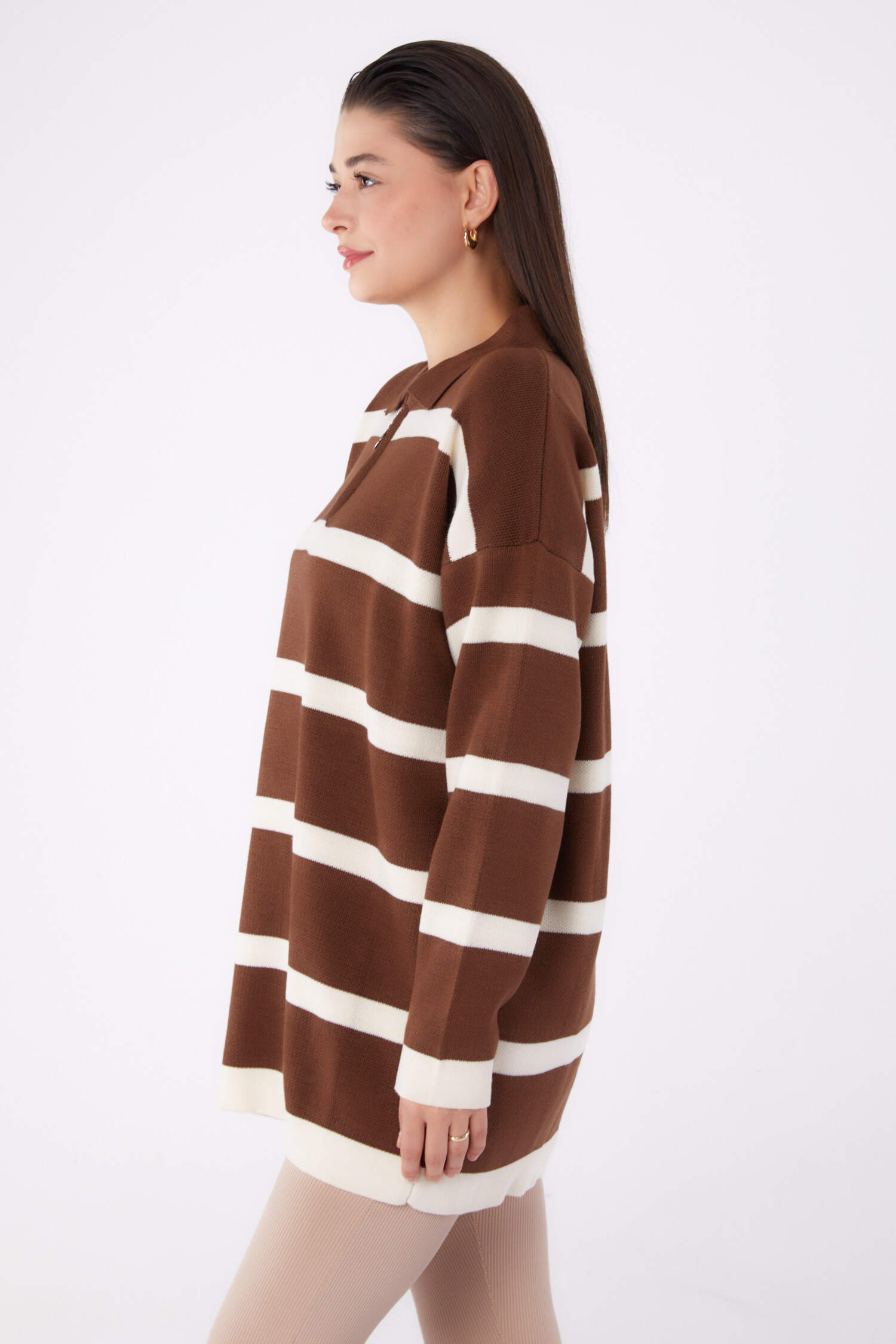 Çizgili Triko Tunik - 27741-KAHVE - 2
