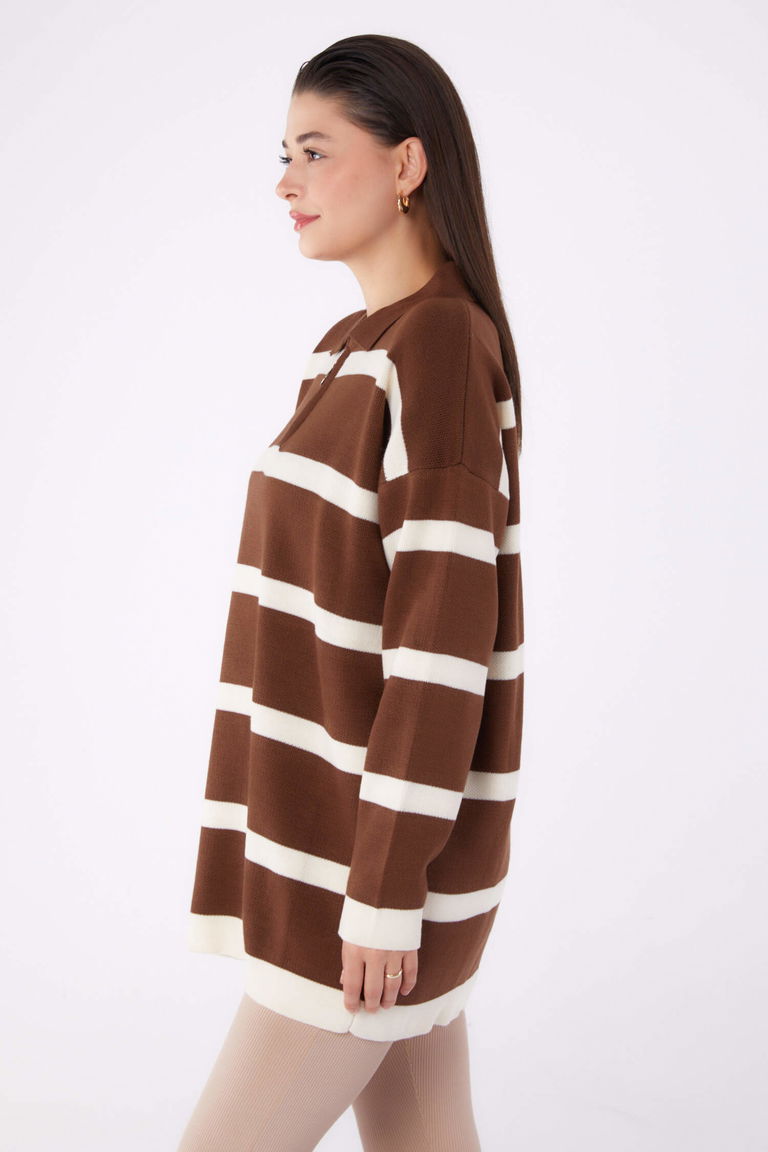 Çizgili Triko Tunik - 27741-KAHVE - TOFİSA
