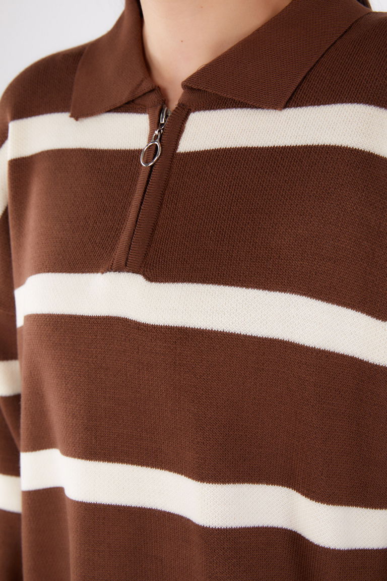 Çizgili Triko Tunik - 27741-KAHVE - TOFİSA