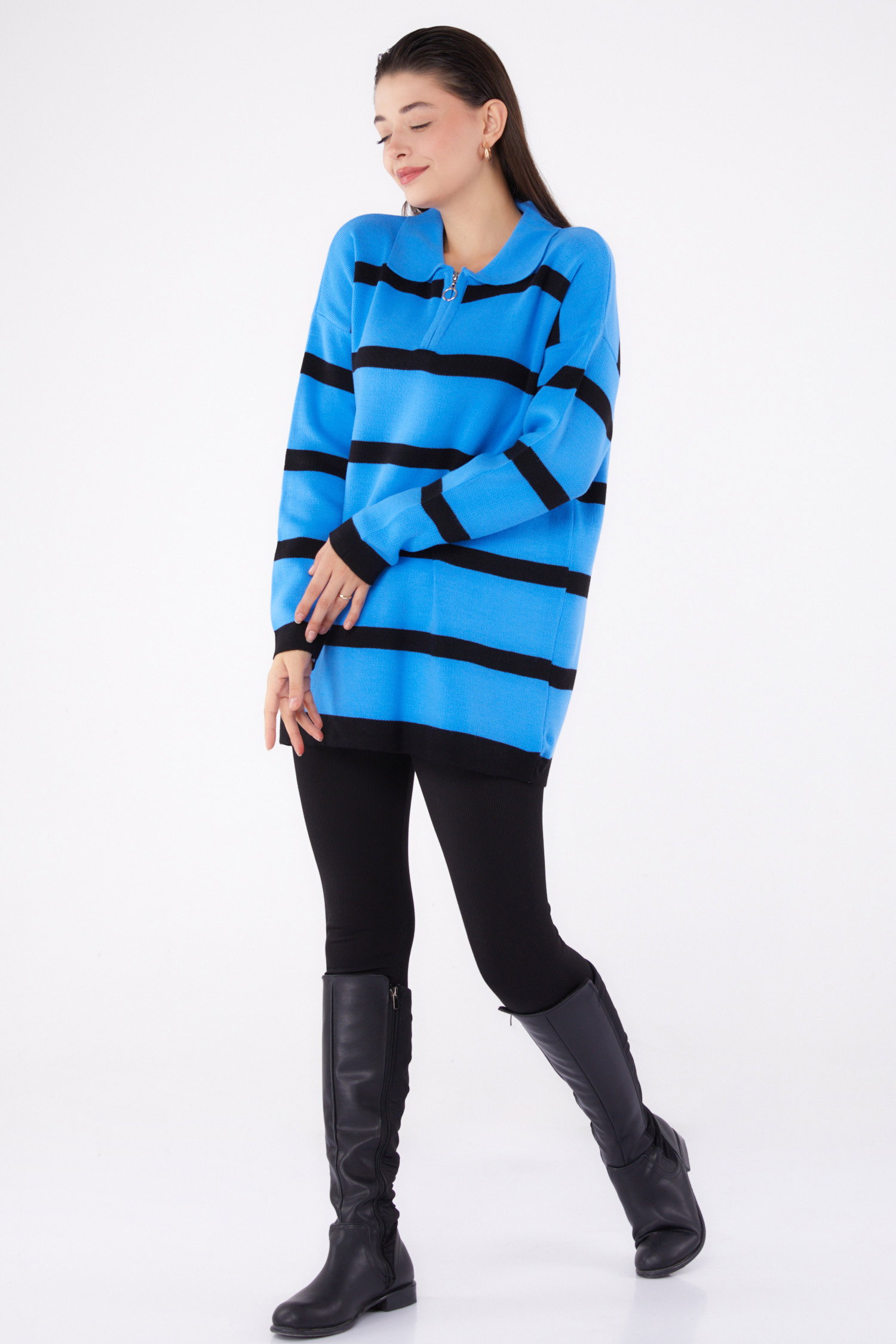 Çizgili Triko Tunik - 27741-MAVI - 2