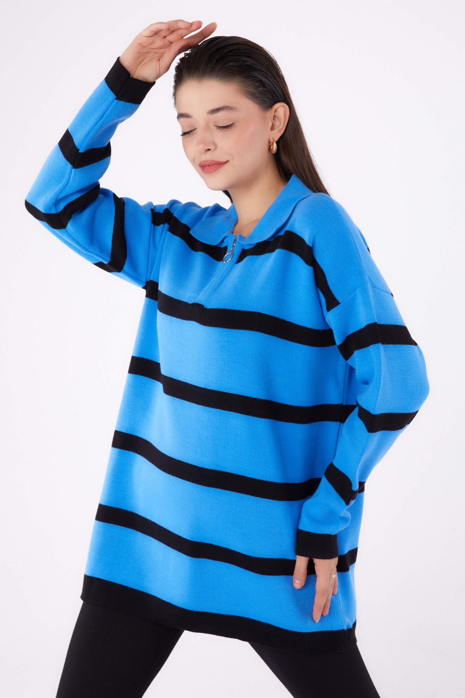 Çizgili Triko Tunik - 27741-MAVI - 3