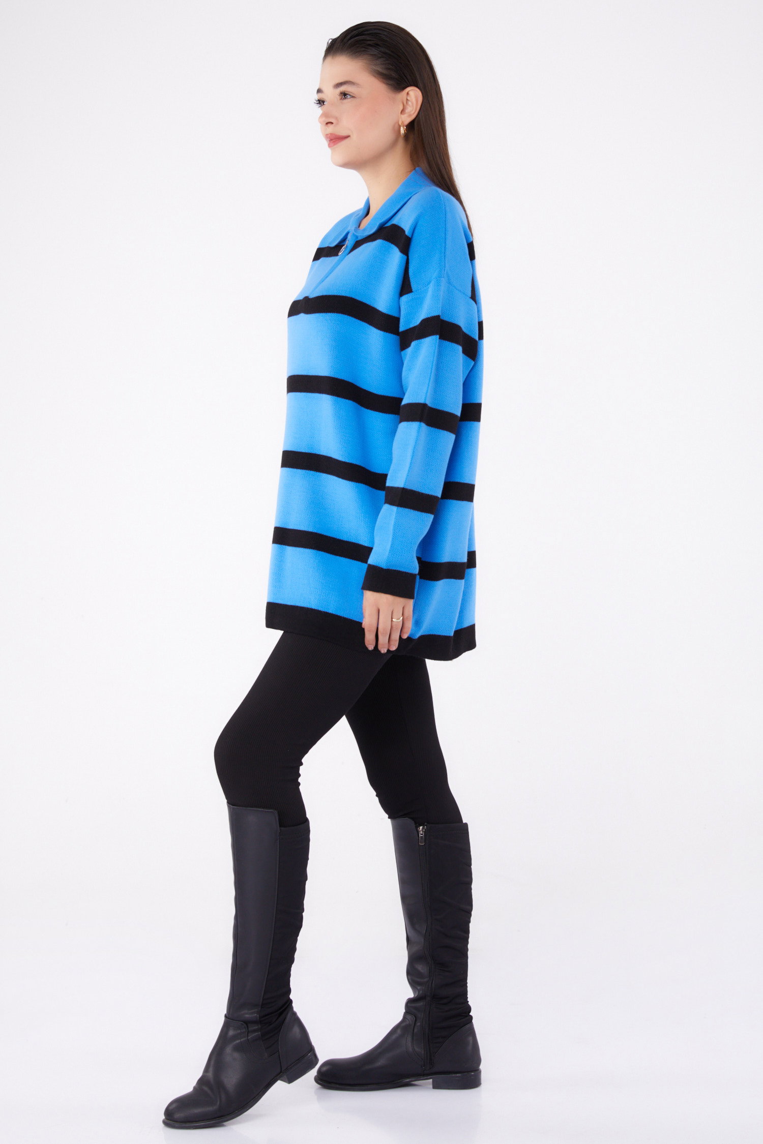 Çizgili Triko Tunik - 27741-MAVI - 4
