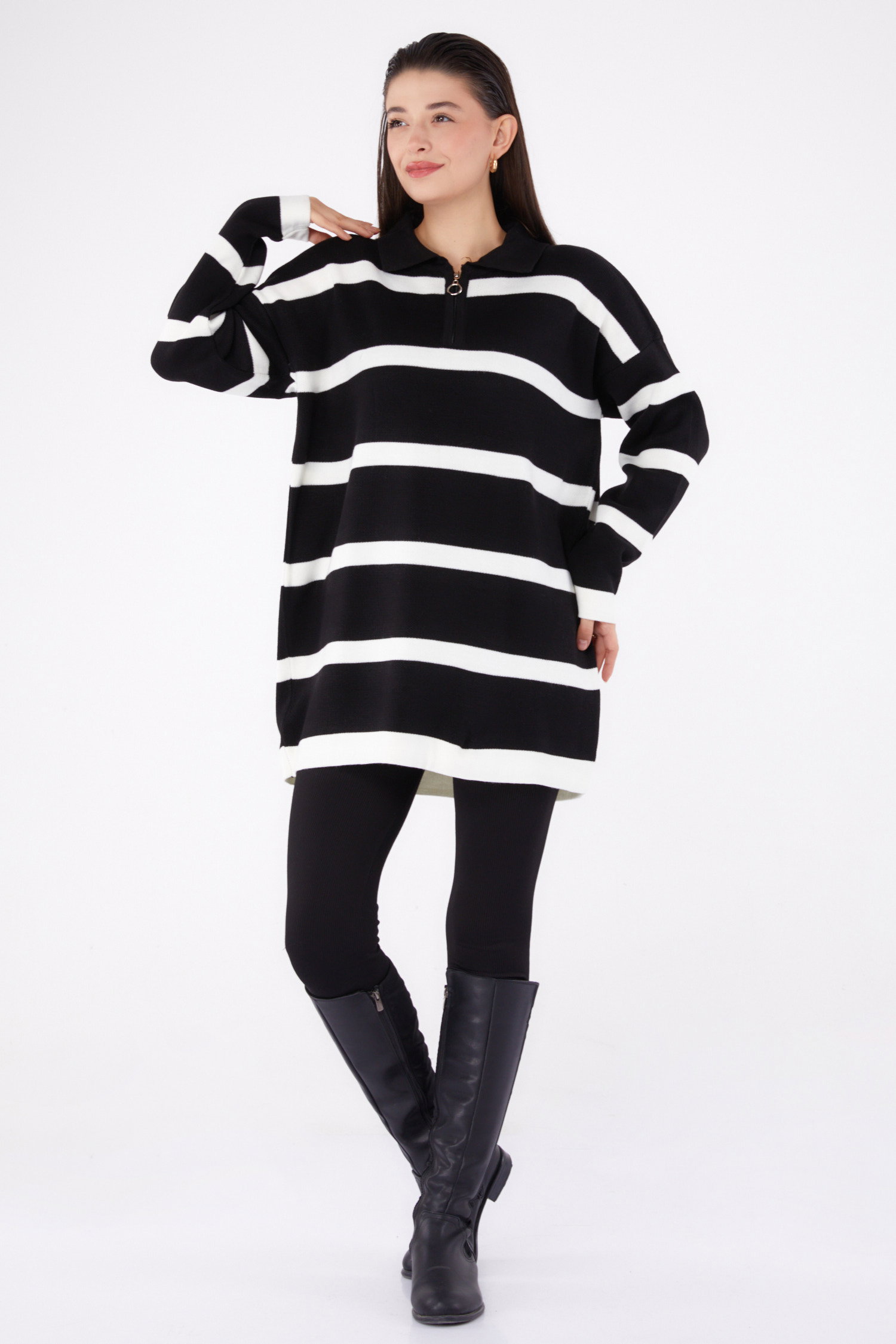 Çizgili Triko Tunik - 27741-SIYAH - 1