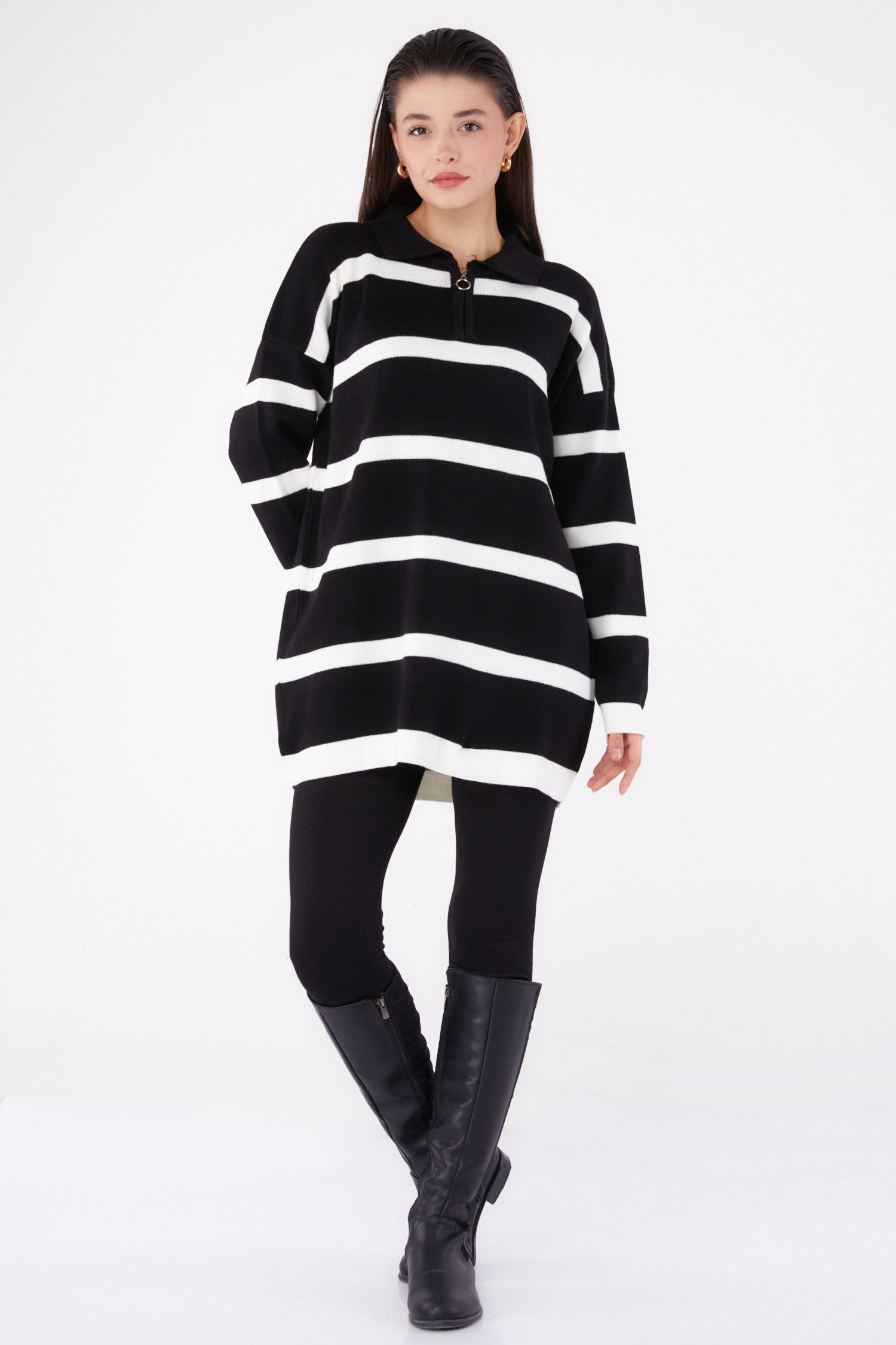 Çizgili Triko Tunik - 27741-SIYAH - 2