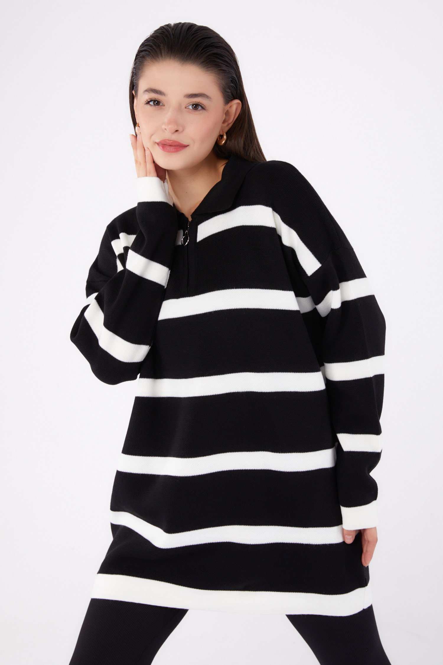 Çizgili Triko Tunik - 27741-SIYAH - 3
