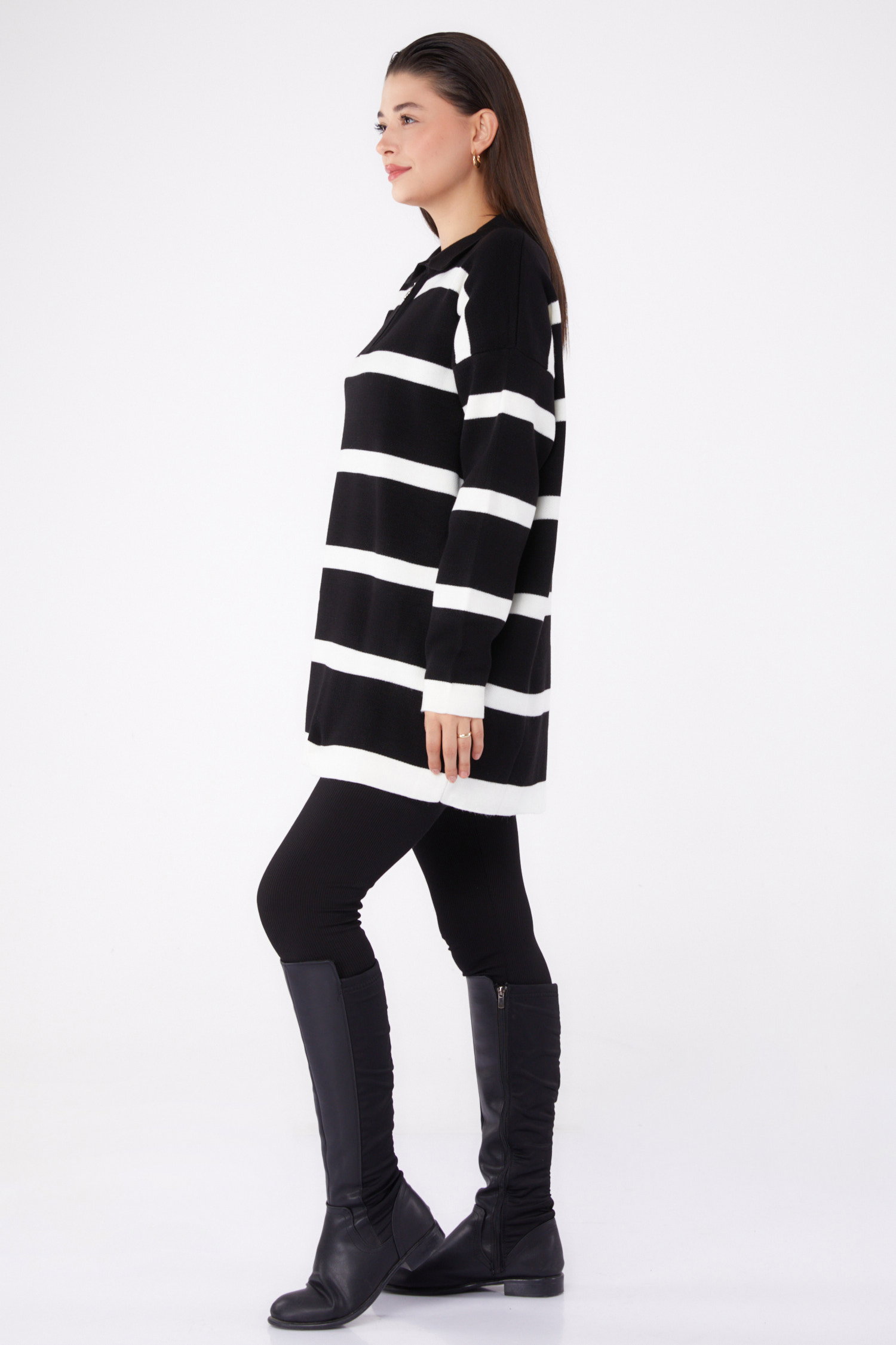 Çizgili Triko Tunik - 27741-SIYAH - 4