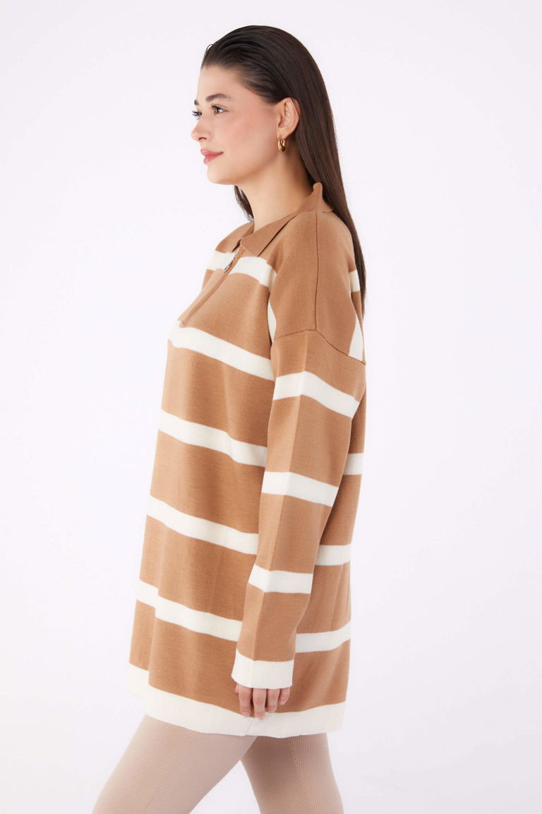 Çizgili Triko Tunik - 27741-VIZON - TOFİSA